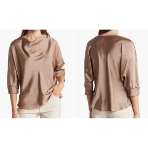 Renee C NEW Bronze Satin Blouse Cowl Neck Top Women's Large 3/4 Sleeve Dune